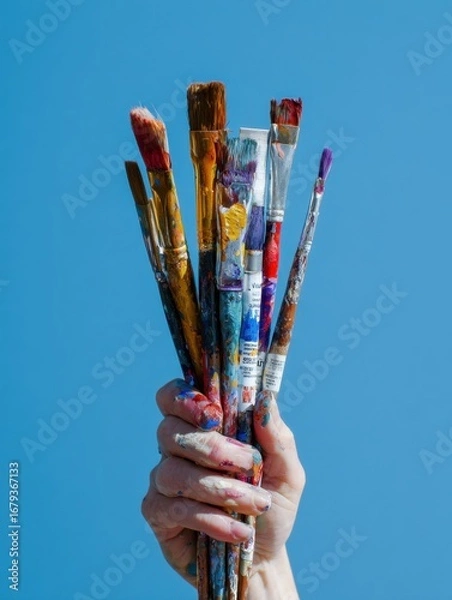 Fototapeta Hand holding paintbrushes covered in vibrant colors against a solid blue background, artistic expression