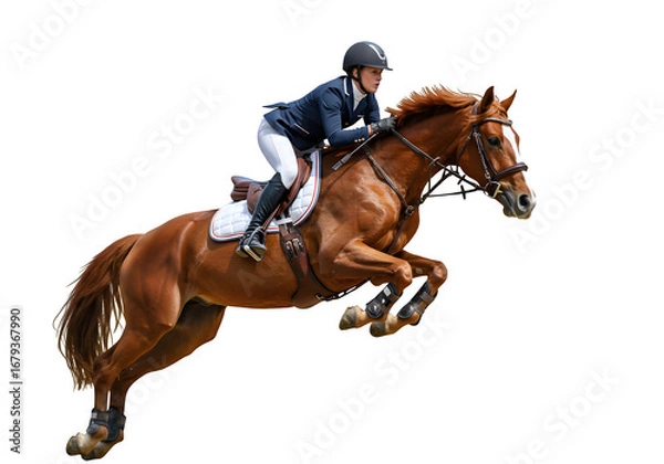 Fototapeta Professional show jumping rider on a bay horse in mid-air over a jump, isolated on white or transparent background. PNG