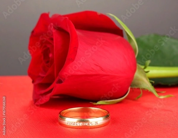 Obraz A vibrant red rose and a gold ring on a red surface