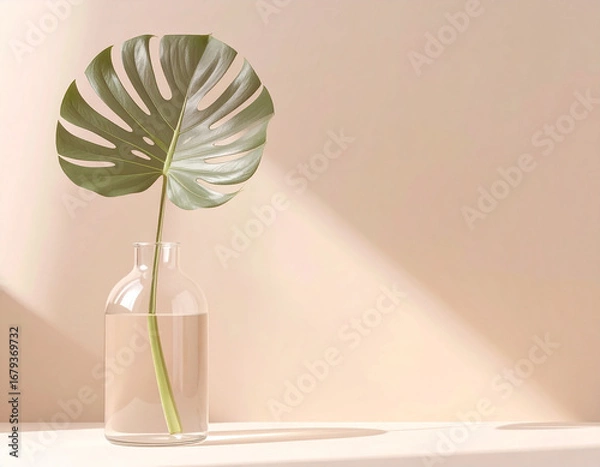 Fototapeta A single Monstera leaf in a clear glass vase, casting a shadow on a beige background.