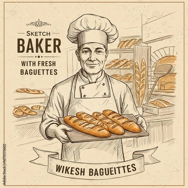 Fototapeta Baker presenting fresh baguettes with bakery background
