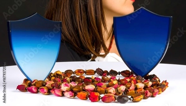 Obraz Two blue shields flanking a rose-colored bead necklace