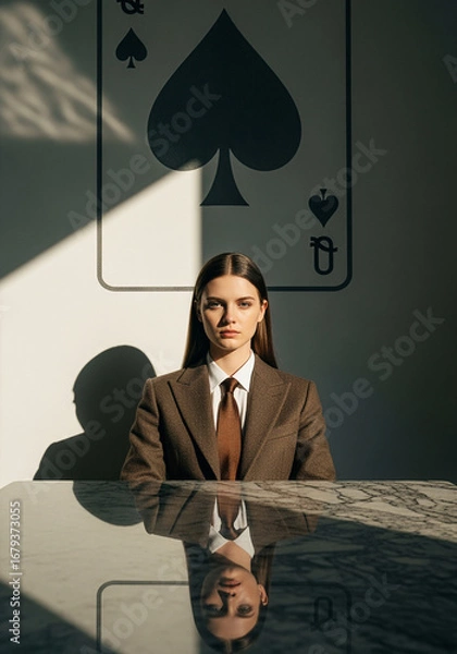 Fototapeta Woman in brown suit reflected in a table, with a queen of spades card in the background.