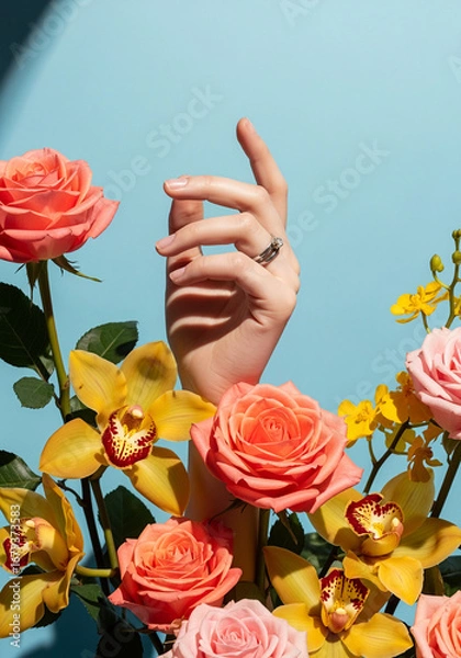 Fototapeta Hand with Diamond Ring Emerging from a Bouquet of Roses and Orchids