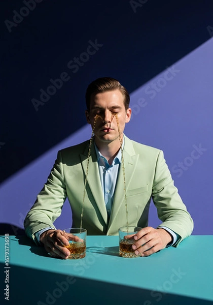 Fototapeta Man in Suit Crying Whiskey:  Conceptual Studio Portrait