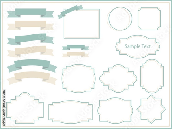 Fototapeta ナチュラルで可愛いスモーキーグリーンとベージュのリボンとクラシックフレームのイラストセット