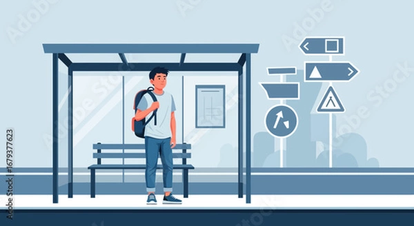 Fototapeta Waiting Under The Bus Stop Shelter, A Person Waiting For Transport In The City