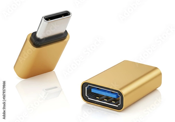 Fototapeta Gold usb type c adapter isolated on white background