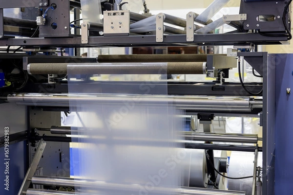 Fototapeta Industrial plastic film extrusion machine producing transparent plastic film in factory environment. Close-up of rollers and mechanisms. Packaging material production concept