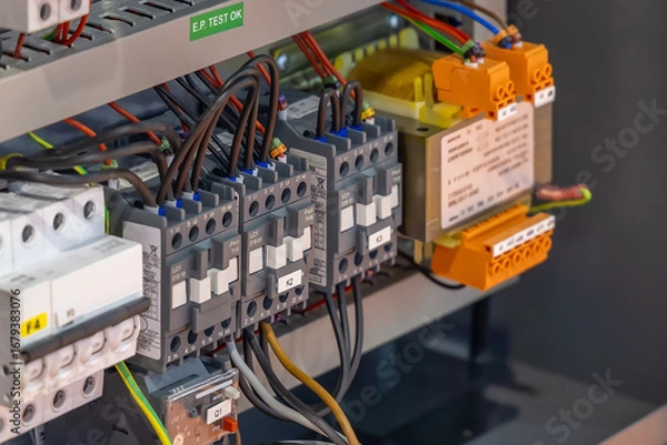 Fototapeta Close-up of an industrial electrical control panel featuring circuit breakers, relays, and wiring connections in a metallic enclosure. Electrical engineering concept