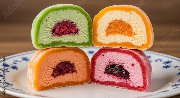 Fototapeta Stack of Colorful Mochi Ice Cream Balls with Fruit Centers