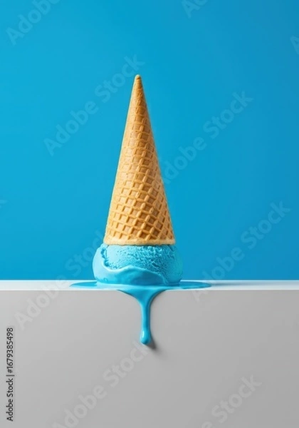 Fototapeta Two Scoops of Blue Ice Cream Melting from a Crisp Cone