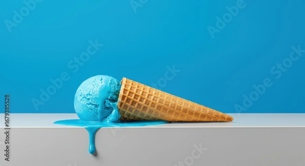 Fototapeta Bright Blue Ice Cream Dripping on a White Surface with Blue Background