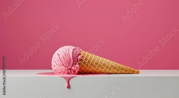 Fototapeta Single Scoop of Pink Ice Cream Melting with an Inverted Cone