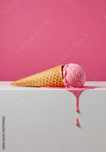 Fototapeta Bright Pink Ice Cream Dripping on a White Surface with a Pink Background