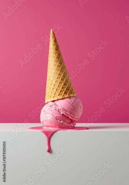 Fototapeta Melted Pink Ice Cream Scoop with a Waffle Cone Upside Down