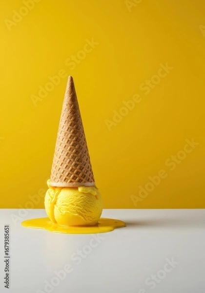 Fototapeta Melted Yellow Ice Cream Scoops in a Waffle Cone