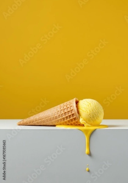 Fototapeta Two Scoops of Yellow Ice Cream Melting from a Crisp Cone