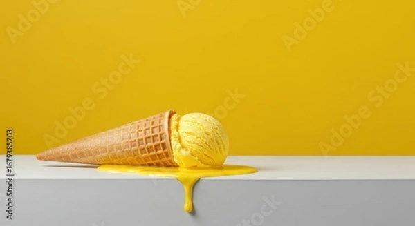Fototapeta Two Scoops of Yellow Ice Cream Melting from a Crisp Cone