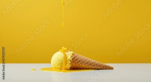 Fototapeta Bright Yellow Ice Cream Dripping on a White Surface with Yellow Background