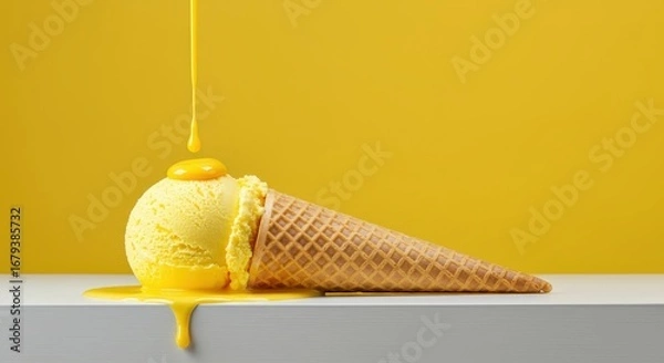 Fototapeta Melted Yellow Ice Cream Scoops in a Waffle Cone