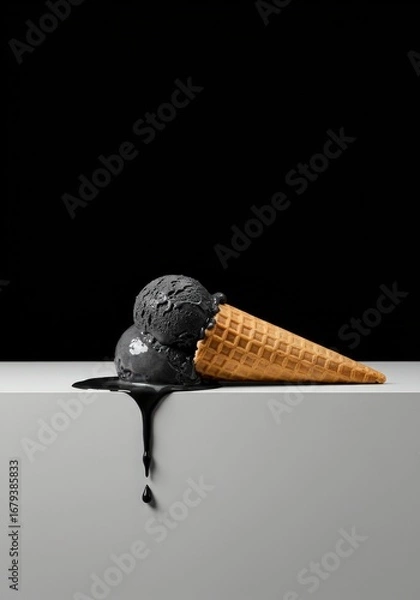 Fototapeta Black Ice Cream Drooping Down a White Surface with Dark Background
