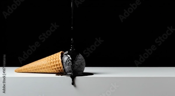 Fototapeta Black Ice Cream Drooping Down a White Surface with Dark Background