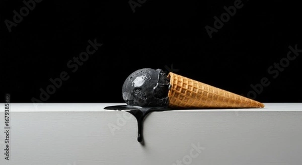Fototapeta Melted Black Ice Cream Scoop in a Waffle Cone