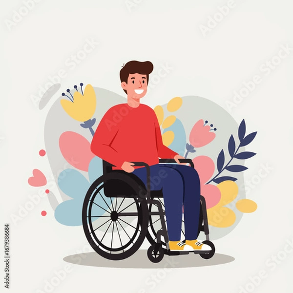 Fototapeta A cheerful young man with a disability confidently navigates his wheelchair amidst a vibrant, abstract floral background, symbolizing inclusion and modern accessibility.