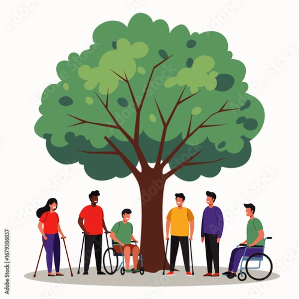 Fototapeta A diverse group of individuals with varying physical disabilities stands together under a large, leafy tree, symbolizing community support and inclusion.