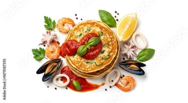 Obraz Seafood Crepe Stack with Fresh Ingredients.