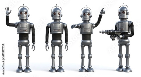 Fototapeta Four shiny vintage silver robots in various poses isolated white retro futuristic android sci-fi technology character collection metallic render