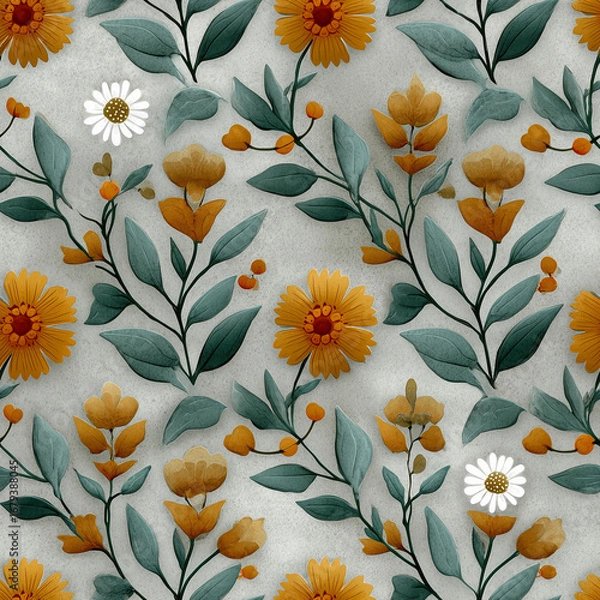 Fototapeta A vibrant floral pattern featuring various yellow and orange flowers intertwined with green leaves on a light gray background. Decorative elements add movement and depth to the design