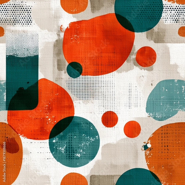 Fototapeta Bold shapes in orange, teal, and beige create a vibrant abstract design. The dynamic arrangement offers a modern aesthetic suitable for various artistic displays or decor projects