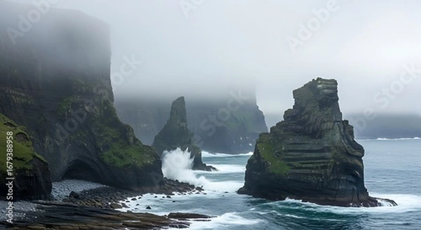 Obraz Misty Coastal Cliffs and Waves.