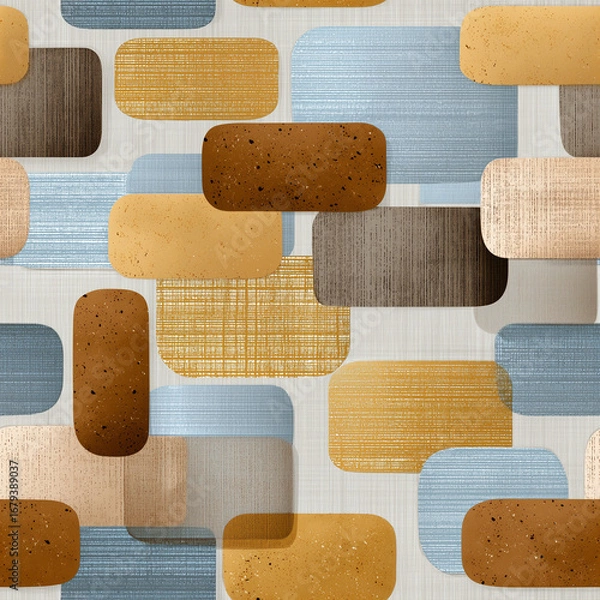 Fototapeta A vibrant geometric arrangement features various colored shapes in hues of beige, brown, and blue. The design blends textured finishes, ideal for contemporary decor and artistic projects