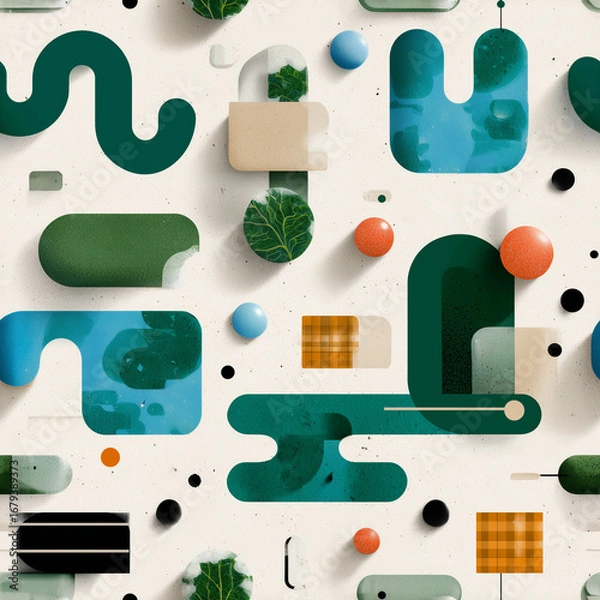 Fototapeta Vibrant geometric shapes intermix with organic patterns, showcasing a creative blend of colors and textures. This artwork evokes a sense of whimsy and modern design, ideal for contemporary spaces