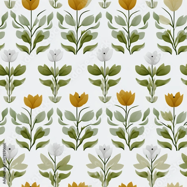 Fototapeta A vibrant pattern showcases a variety of yellow and white flowers interspersed with green leaves. The design emphasizes natural beauty and cheerful colors, creating an uplifting visual experience