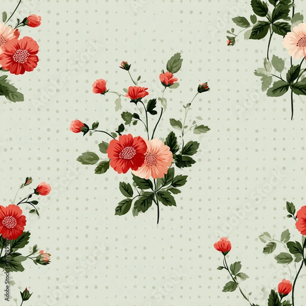 Fototapeta This vibrant floral pattern showcases clusters of red and pink flowers surrounded by green leaves, set against a soft light green background adorned with tiny dots for added texture