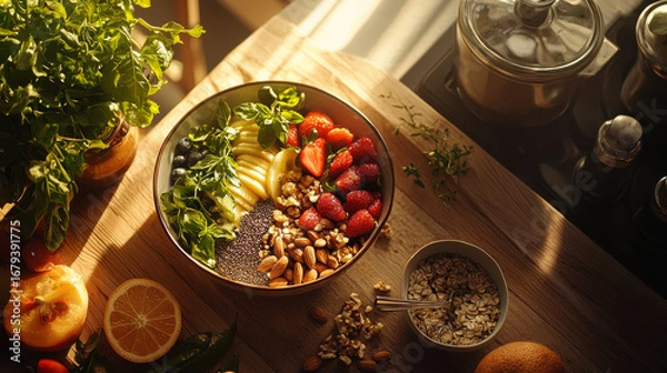 Fototapeta Colorful smoothie bowl with fresh fruits and nuts