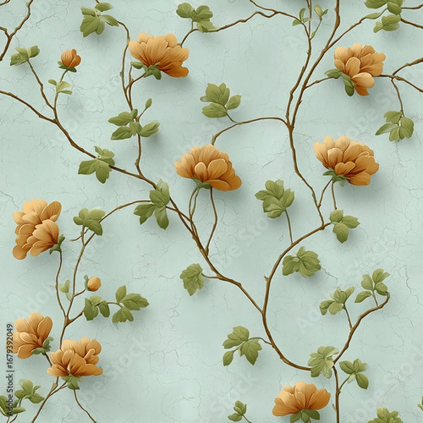 Fototapeta Intricate design showcases delicate flowers in warm hues entwined with lush green leaves against a soft pastel background. Ideal for interior decoration and textiles
