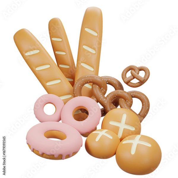 Fototapeta bread. A set of tasty baked goods for breakfast. Realistic baguette bread and dessert illustration - 3D render