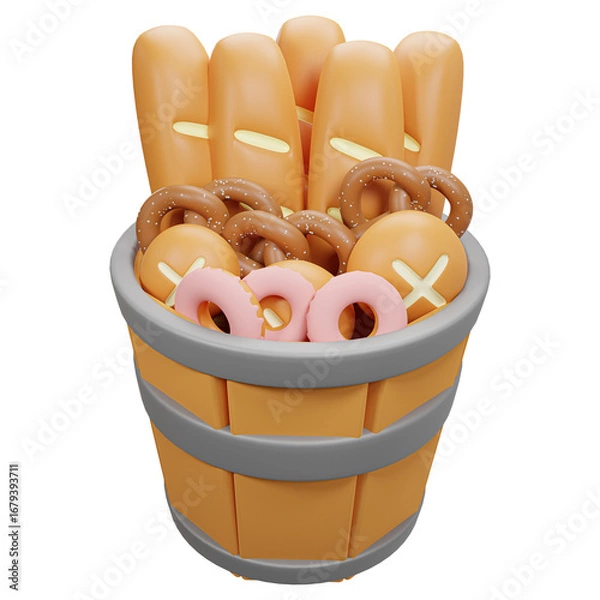 Fototapeta bread. A set of tasty baked goods for breakfast. Realistic baguette bread and dessert illustration - 3D render