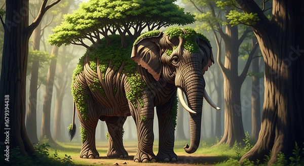 Fototapeta Whimsical Forest Guardian Elephant Composite with Tree and Greenery Concept