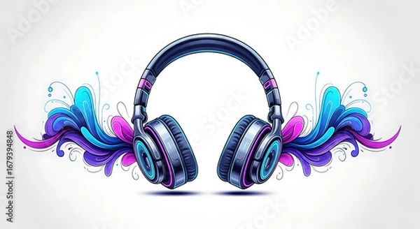 Fototapeta Modern Colorful Headphones with Decorative Abstract Swirls and Vibrant Glow