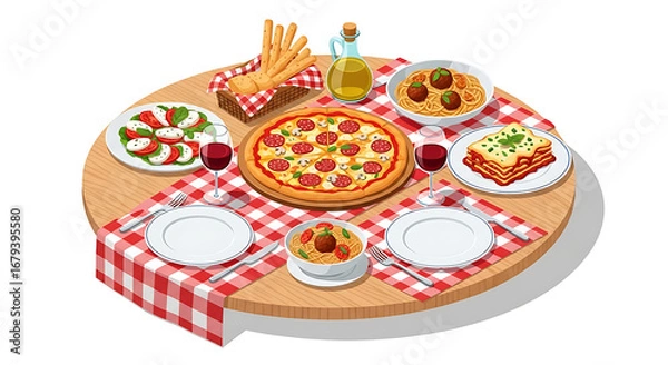 Fototapeta Flat Illustration Italian Food Feast on Round Table with Checkered Cloth