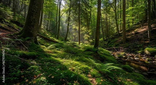 Obraz Sunlight Filtering Through Lush Forest.