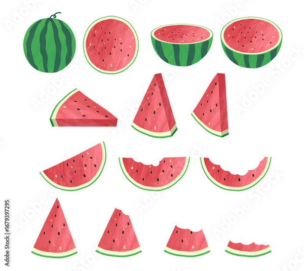 Obraz A Set of Watermelon Illustrations, Including Whole, Slices, and Bitten Pieces.