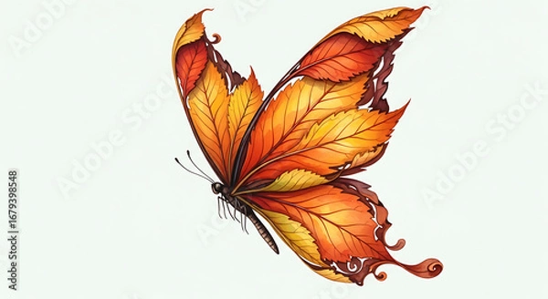 Fototapeta Watercolor Style Autumn Leaf Pattern Butterfly with Detailed Wing Design