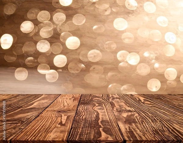 Fototapeta Wooden table with golden bokeh background